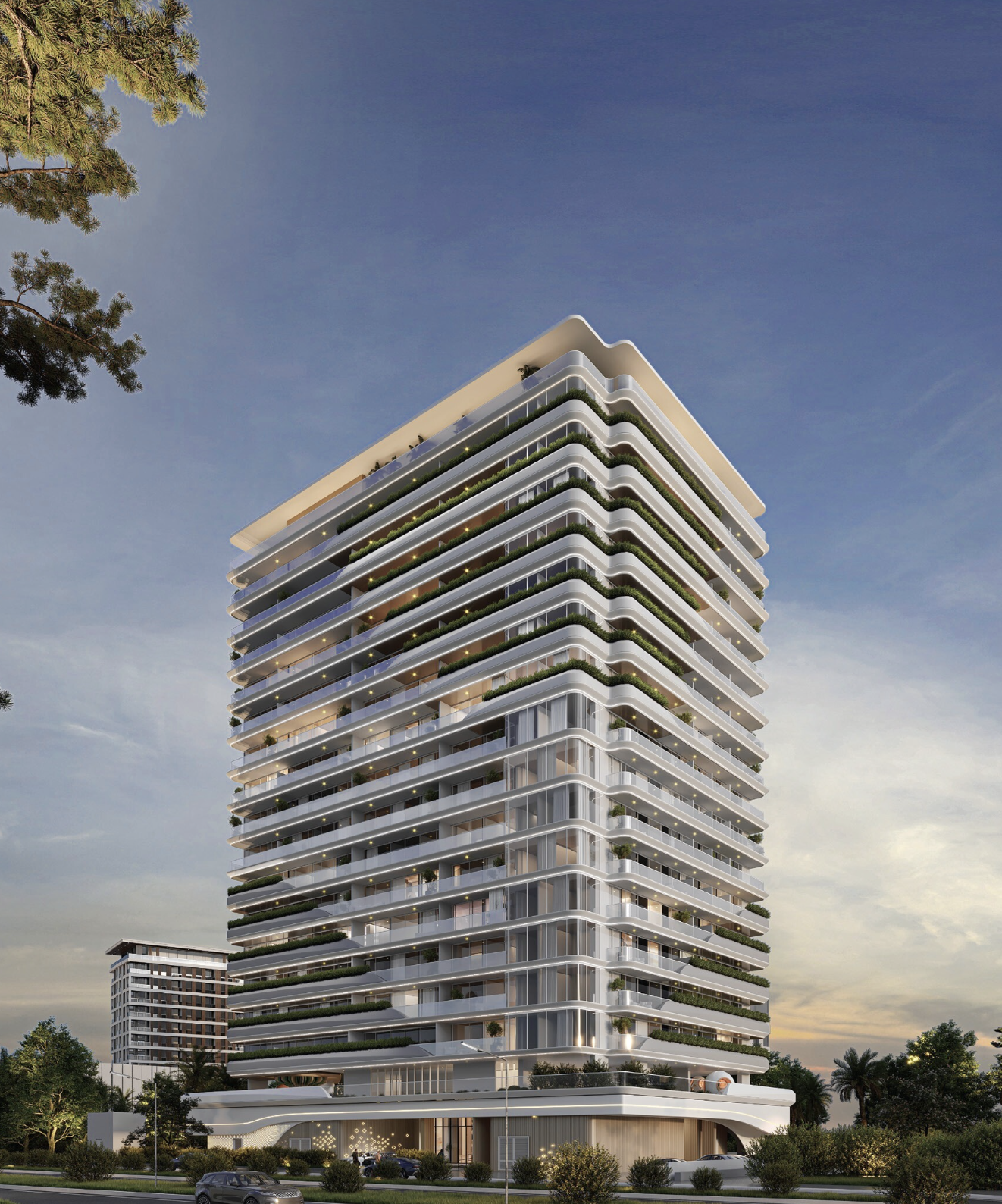 Façade extérieure de la tour résidentielle Floarea Oasis à Dubailand